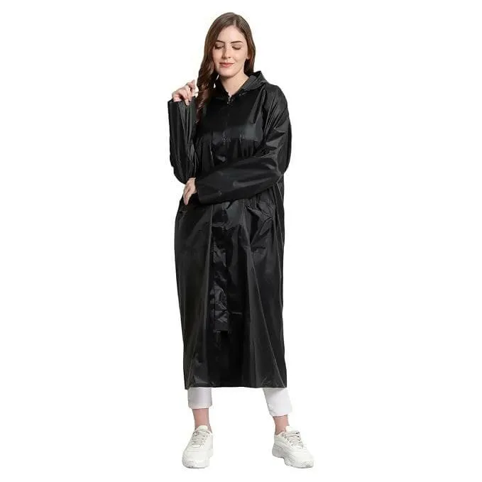 Auto Dean Premium Black Rain Coat for Women's Polyester Long Raincoat Poncho with Hood (2 Pcs,Size 28 to 34 inch waist)