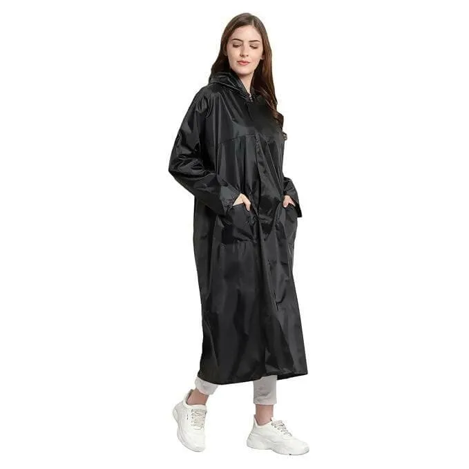 Auto Dean Premium Black Rain Coat for Women's Polyester Long Raincoat Poncho with Hood (2 Pcs,Size 28 to 34 inch waist)