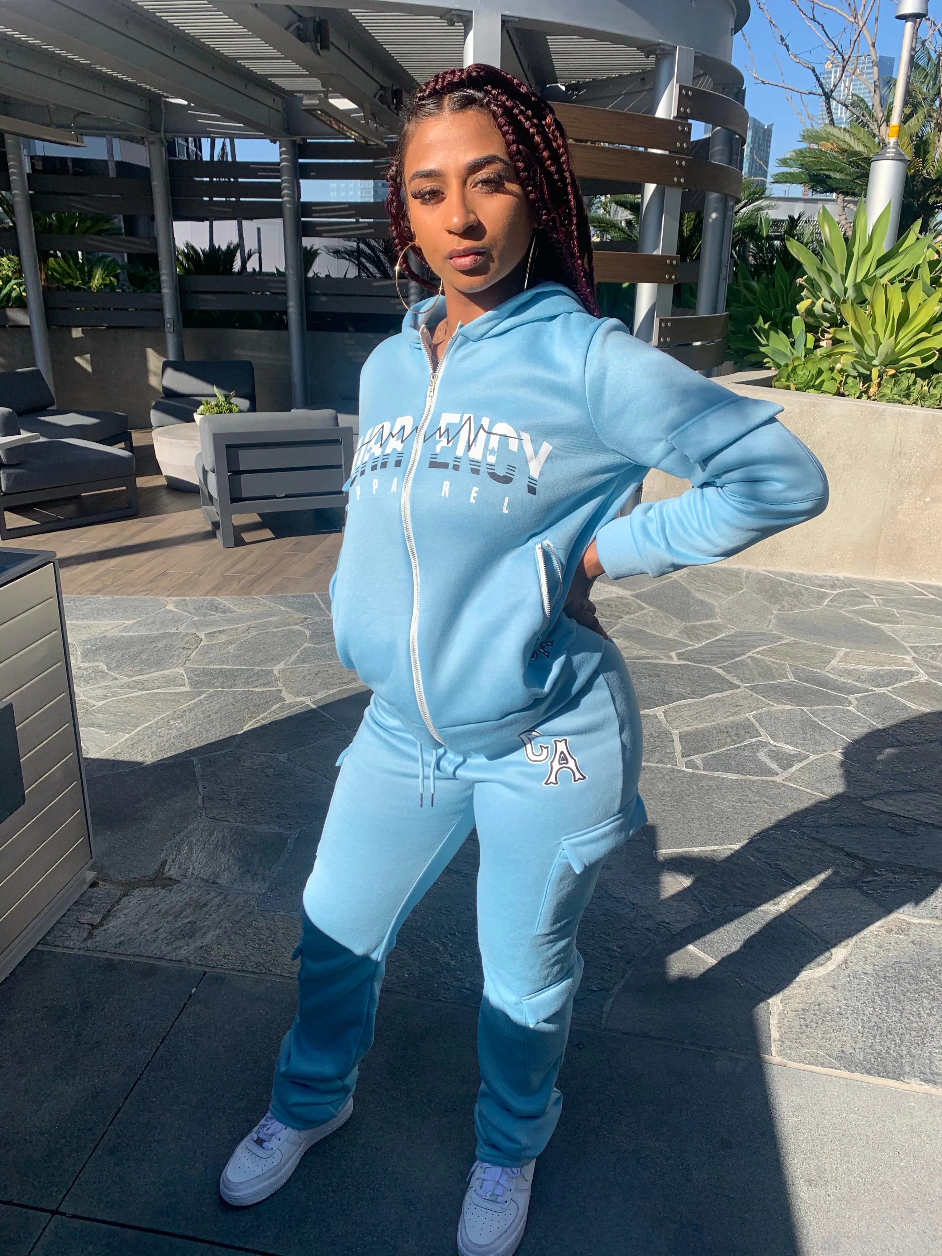 Blue Cargo Stacked- Jogging Suit