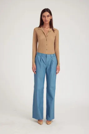 Blue Chambray Leather Pleated Trousers