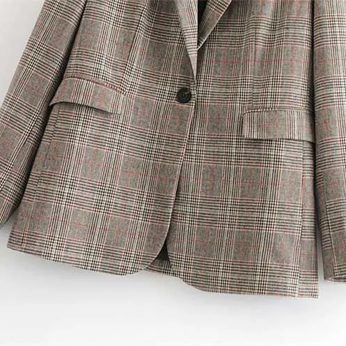 Designer One Button Tartan Plaid Womens Checked Blazer Jacket