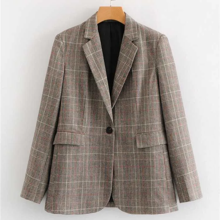 Designer One Button Tartan Plaid Womens Checked Blazer Jacket