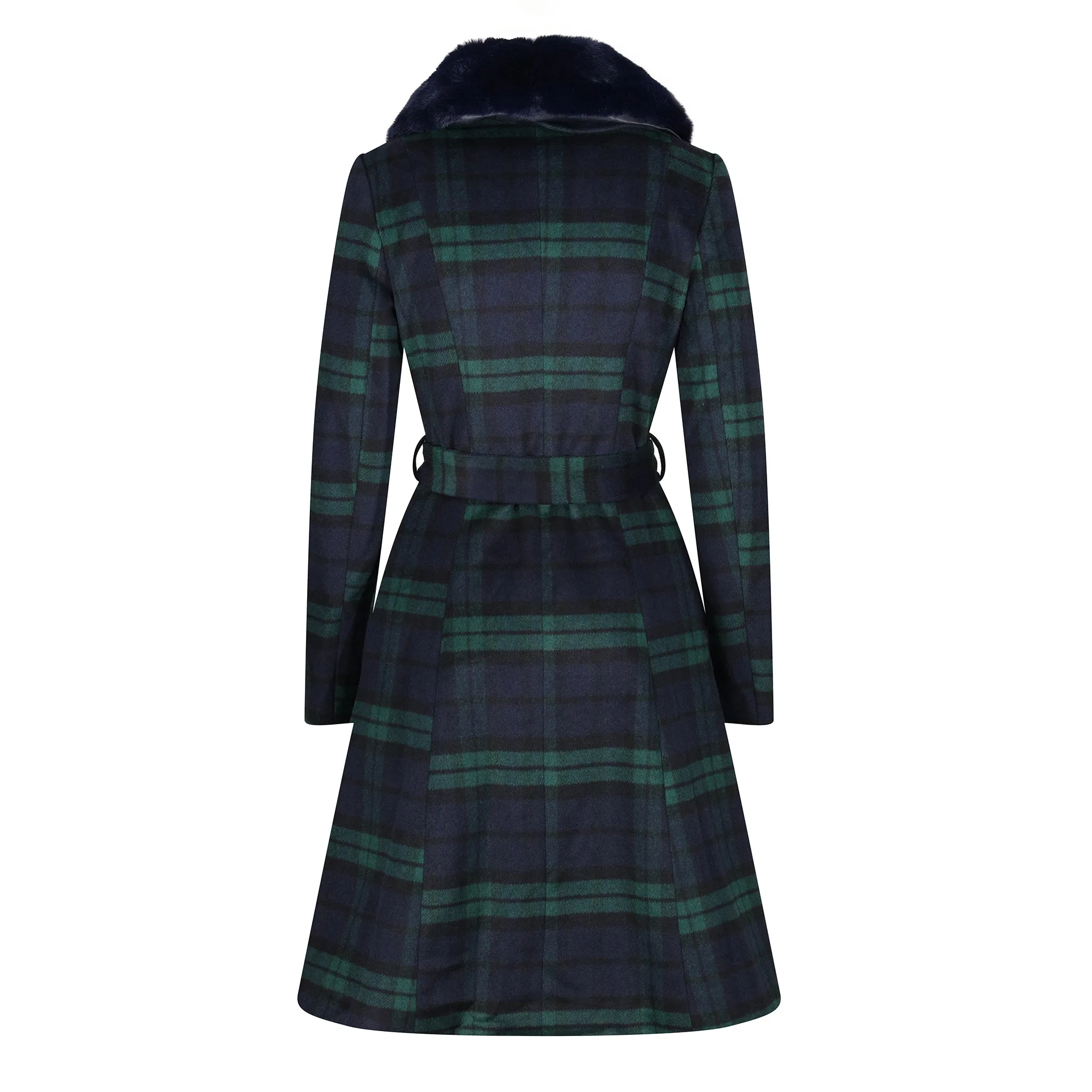 Green and Navy Tartan Faux Fur Trim Polywool Flare 50s Coat