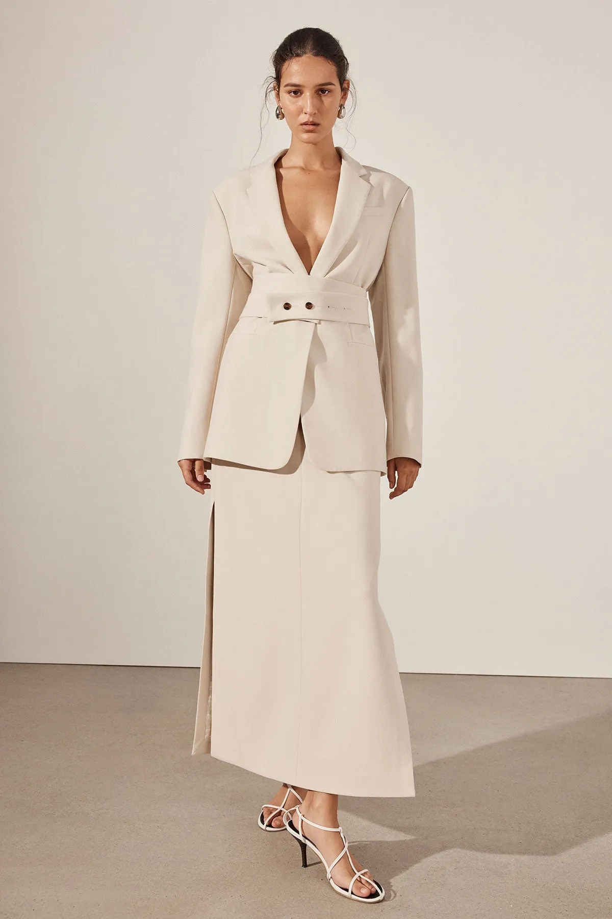 IRENA OVERSIZED TAILORED BLAZER WITH BELT - BONE