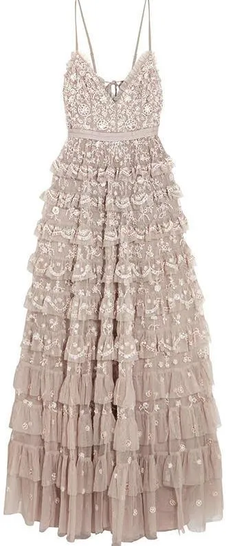 'Marie' Tiered Embellished Tulle Gown, Beige