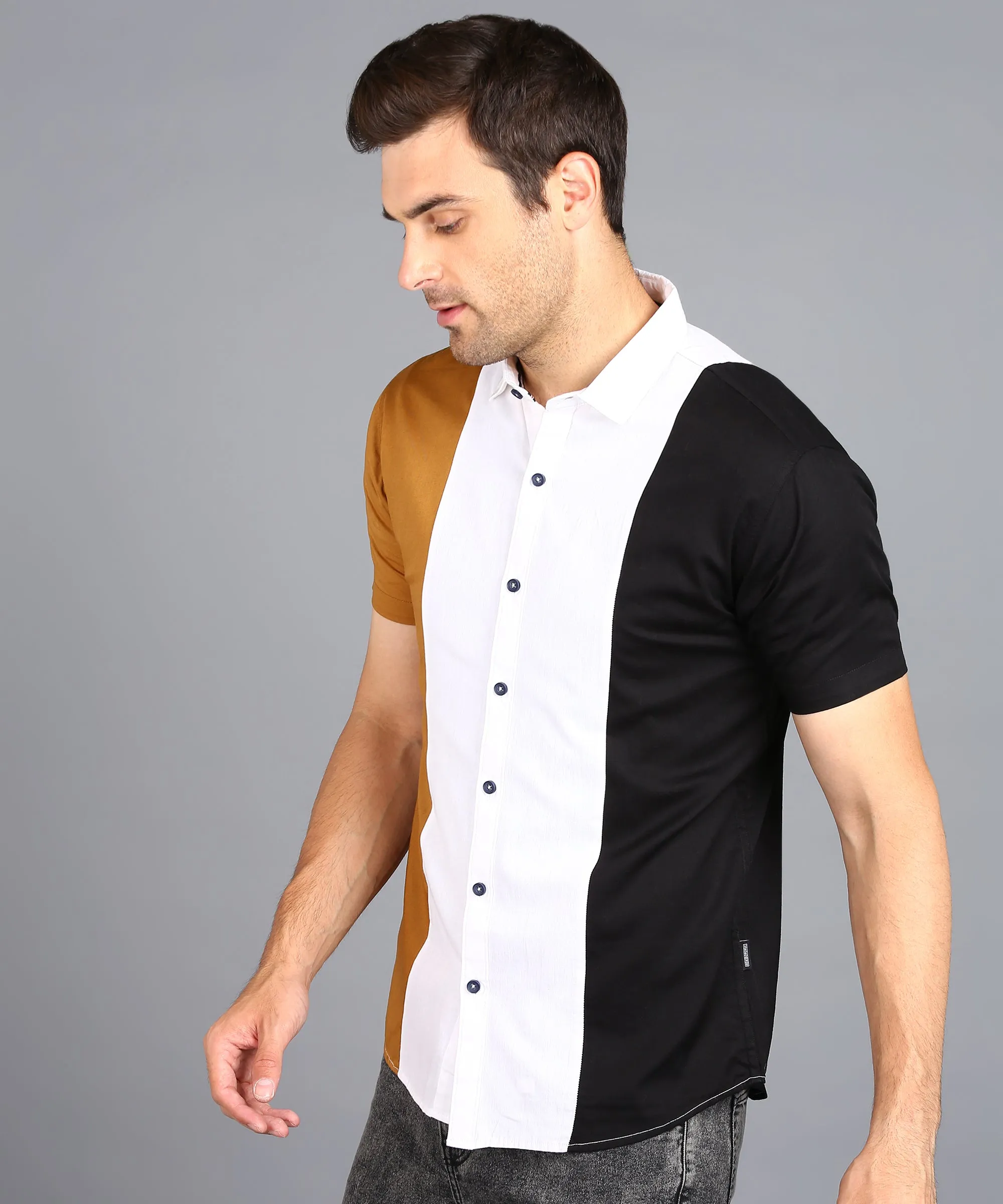 Men's Beige, Off White, Black Cotton Half Sleeve Slim Fit Casual Colorblock Shirt