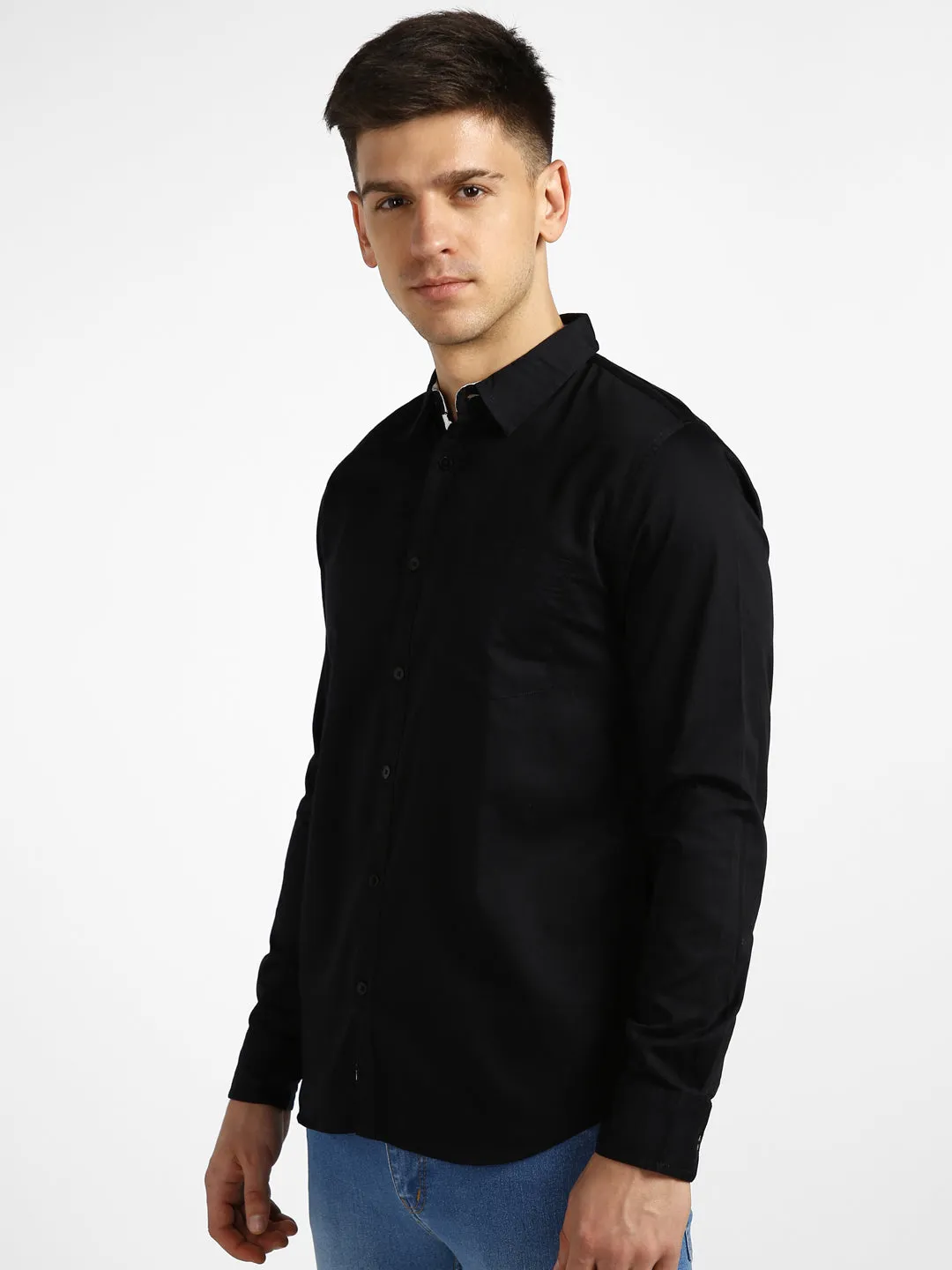 Men's Black Cotton Full Sleeve Slim Fit Casual Solid Shirt