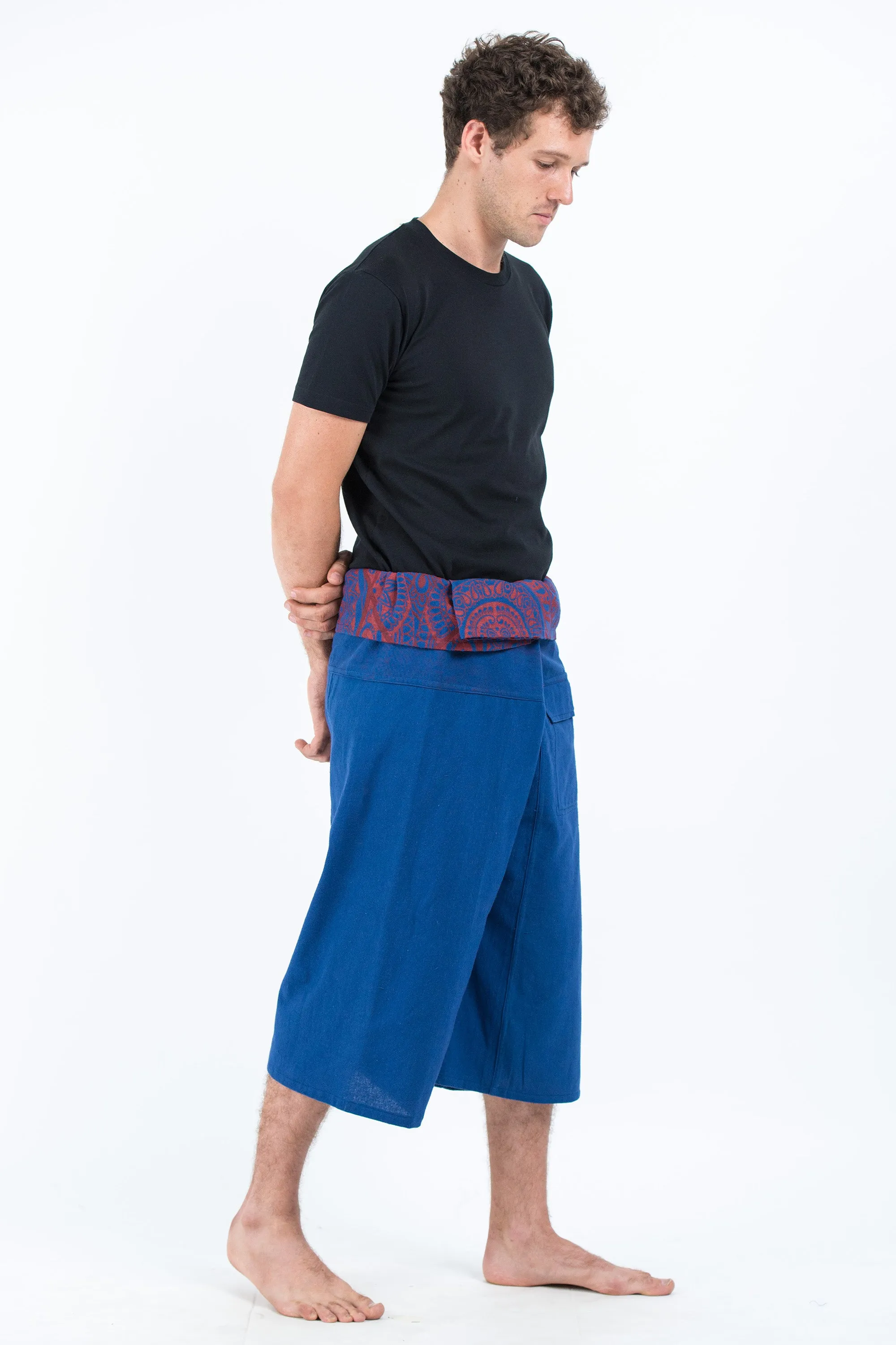 Men's Cropped Fisherman Pants with Pattern Waist Band in Blue