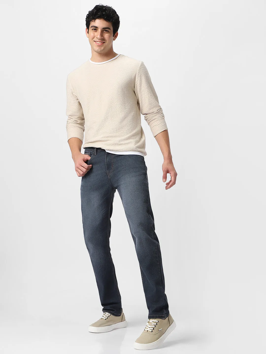 Men's Grey Regular Fit Washed Jeans Stretchable