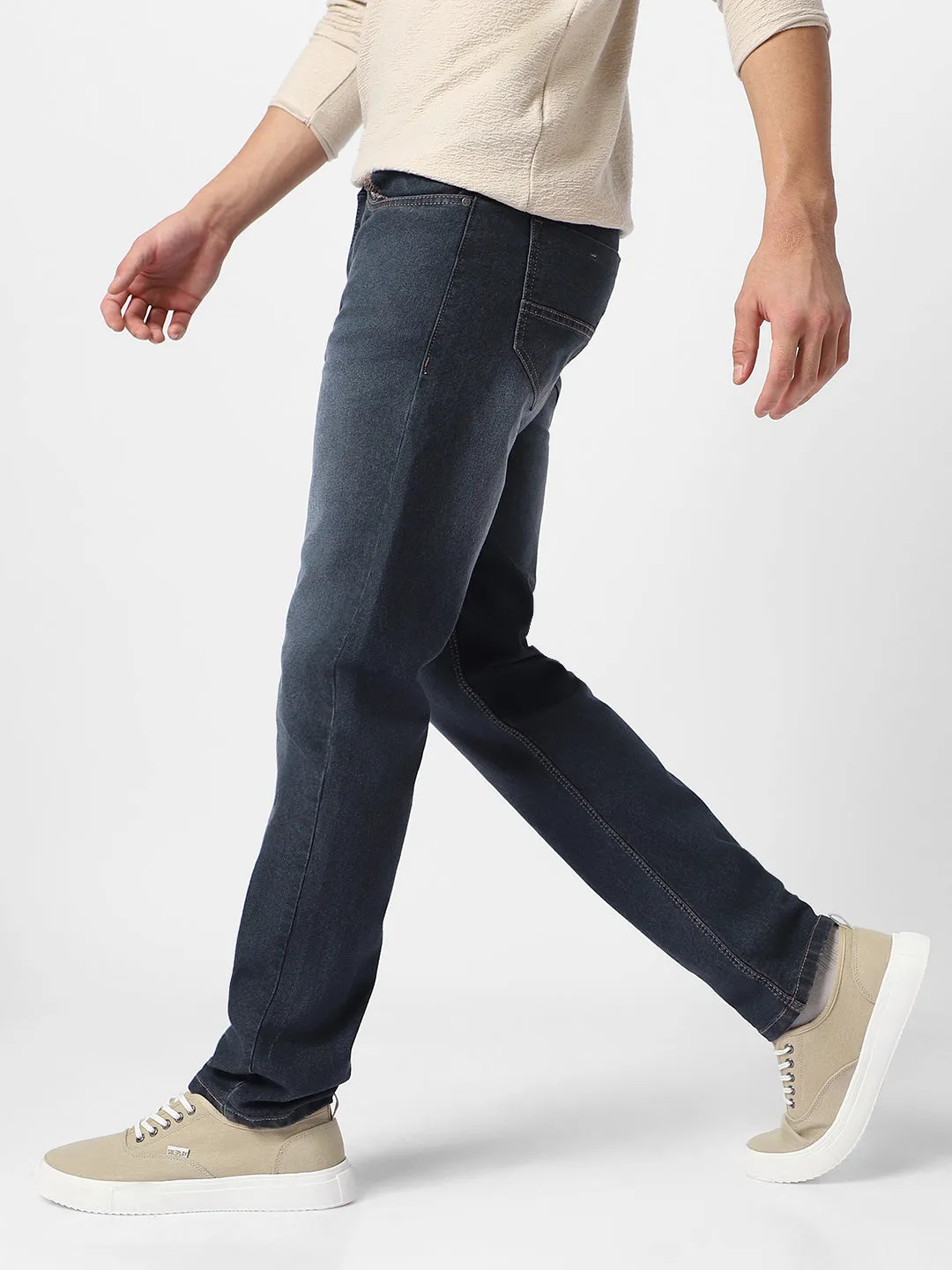 Men's Grey Regular Fit Washed Jeans Stretchable