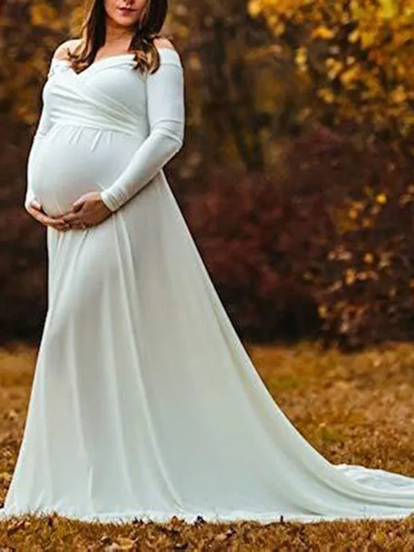 Momnfancy Off Shoulder Pleated Long Sleeve Babyshower Maternity Maxi Dress