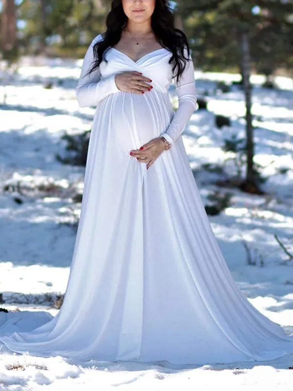 Momnfancy Off Shoulder Pleated Long Sleeve Babyshower Maternity Maxi Dress