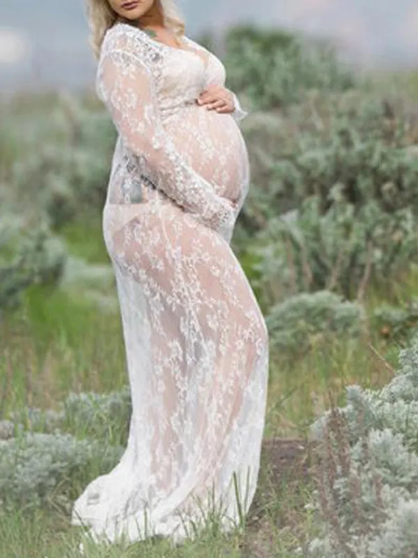 Momnfancy Sheer Lace V-neck Long Sleeve Pregnancy Photography Gown Maternity Milk Bath Photoshoot Dress