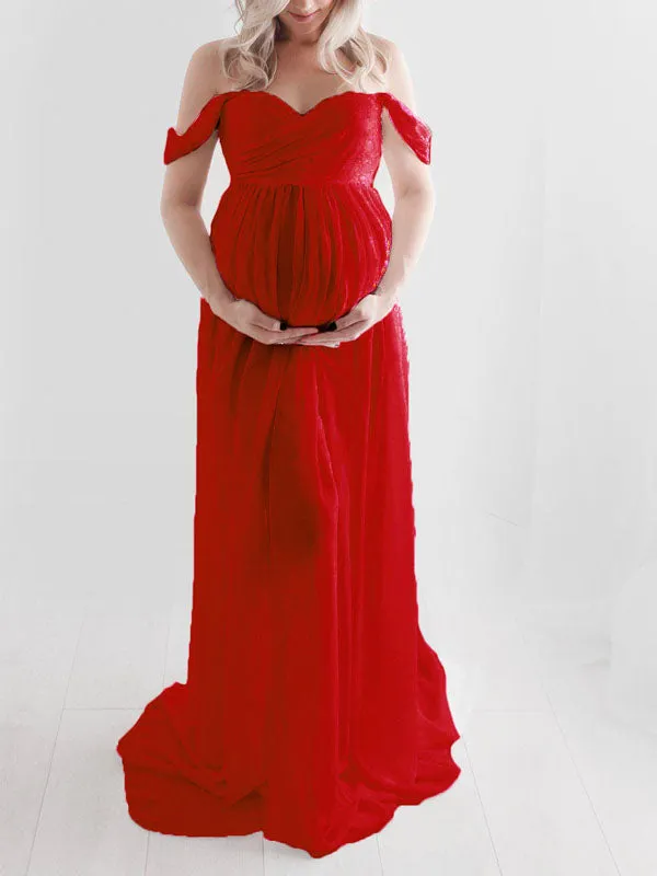 Momnfancy Slit Off Shoulder Photoshot Flowy Maxi Maternity Dress