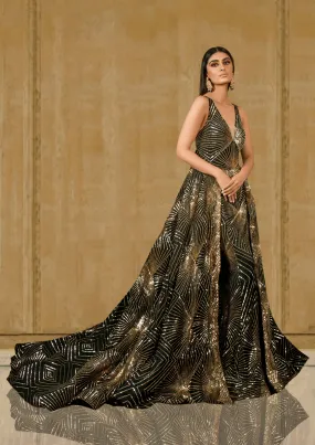 Radiant Black & Gold Silk Gown with Overlap Show-Stopper Gown with Trail