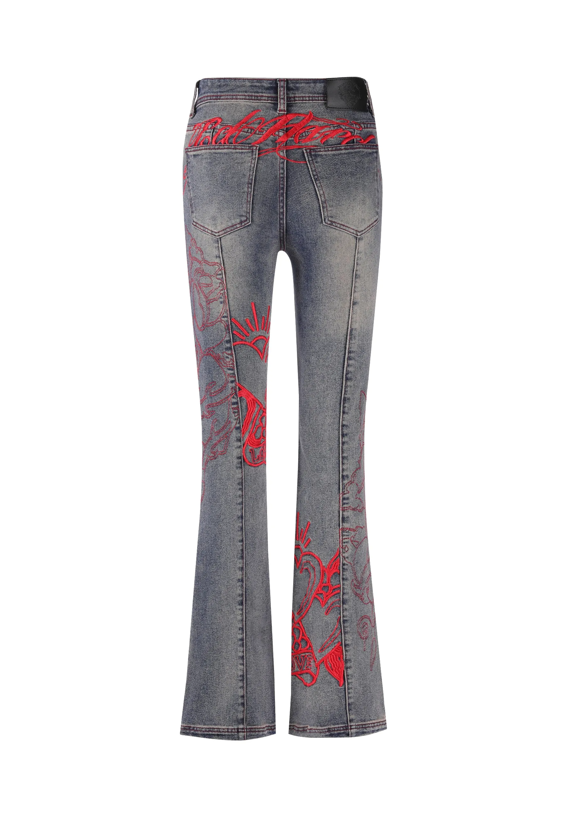 Womens Rouge Hearts Flared Denim Trousers Jeans - Mid Blue