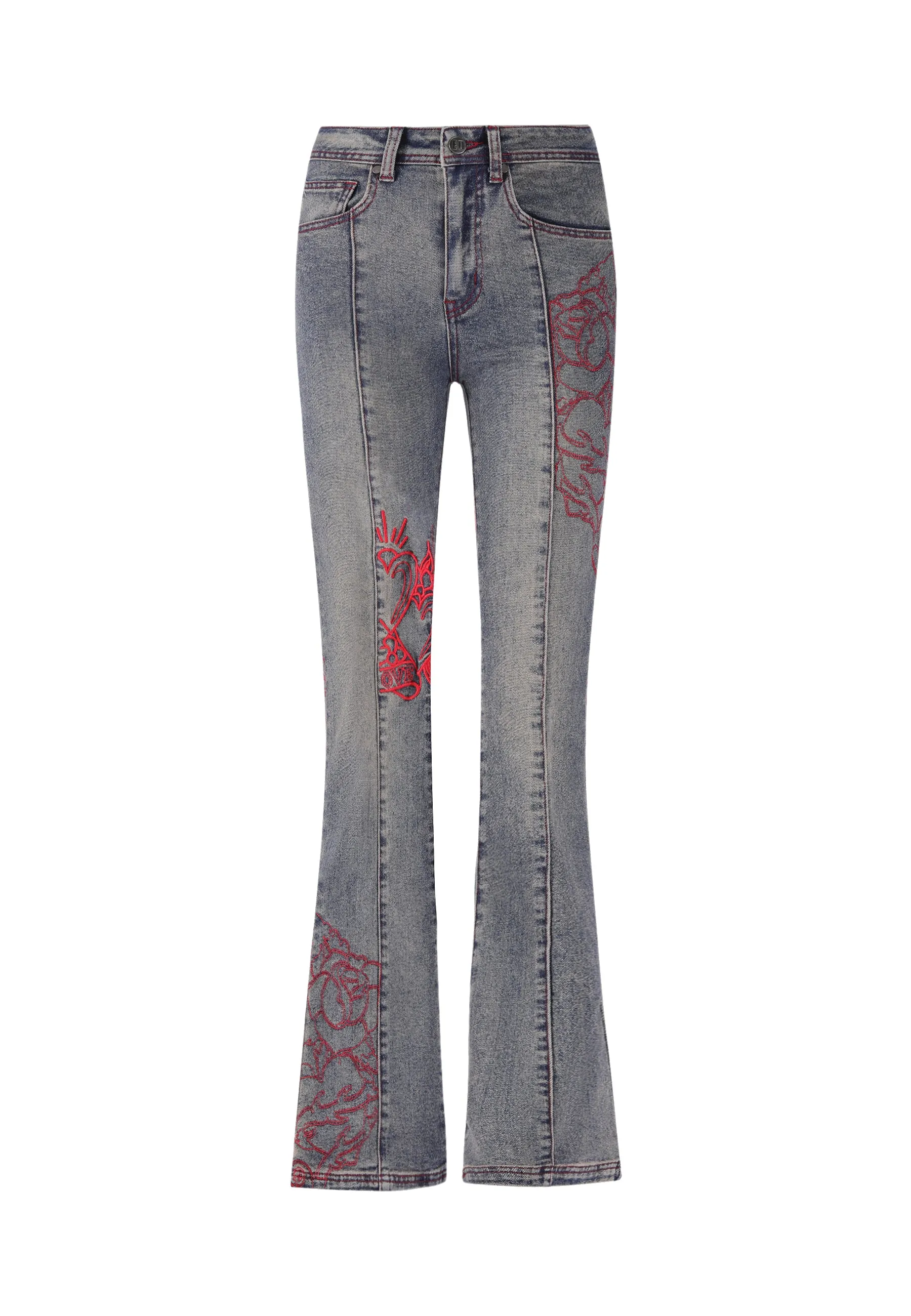 Womens Rouge Hearts Flared Denim Trousers Jeans - Mid Blue